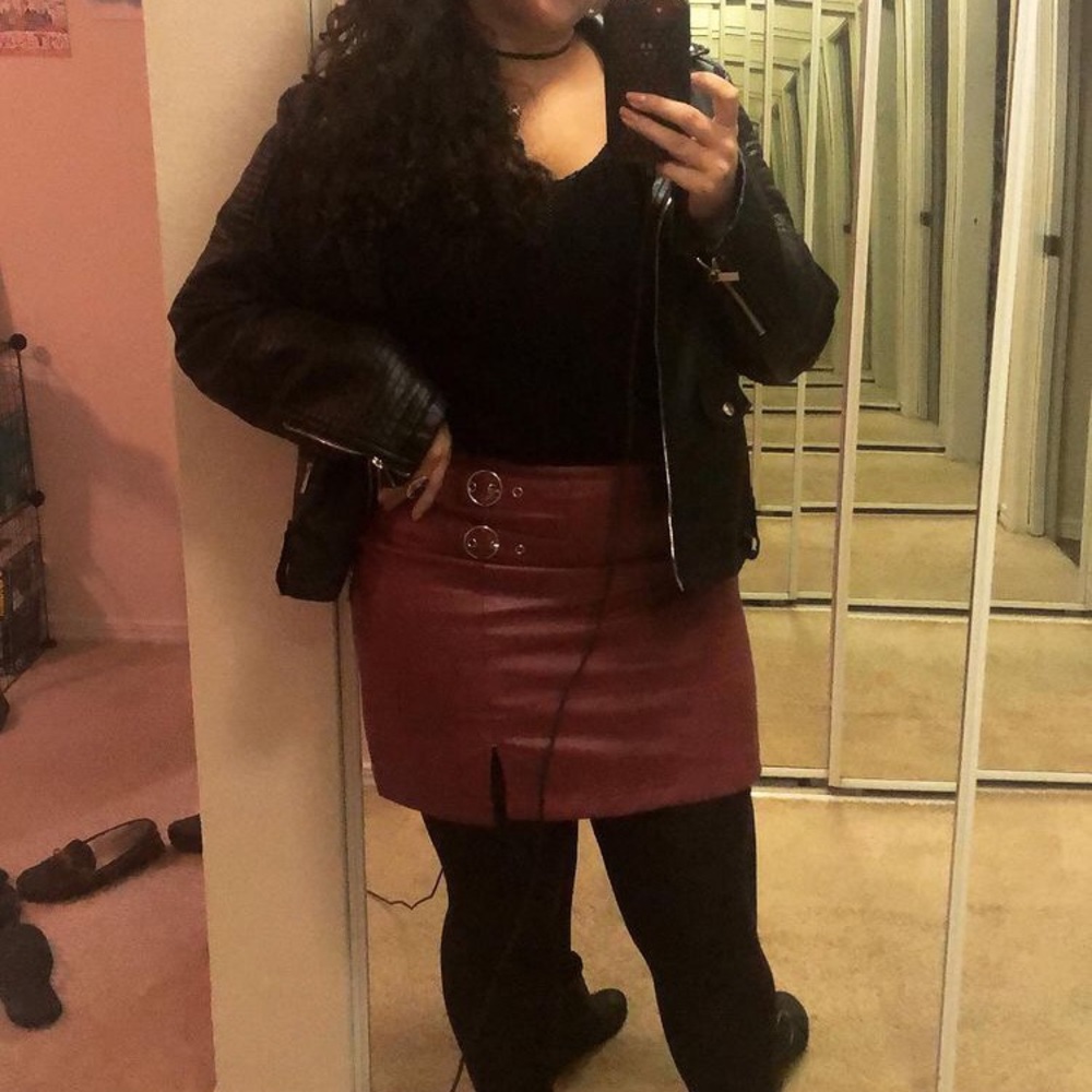 red pleather skirt